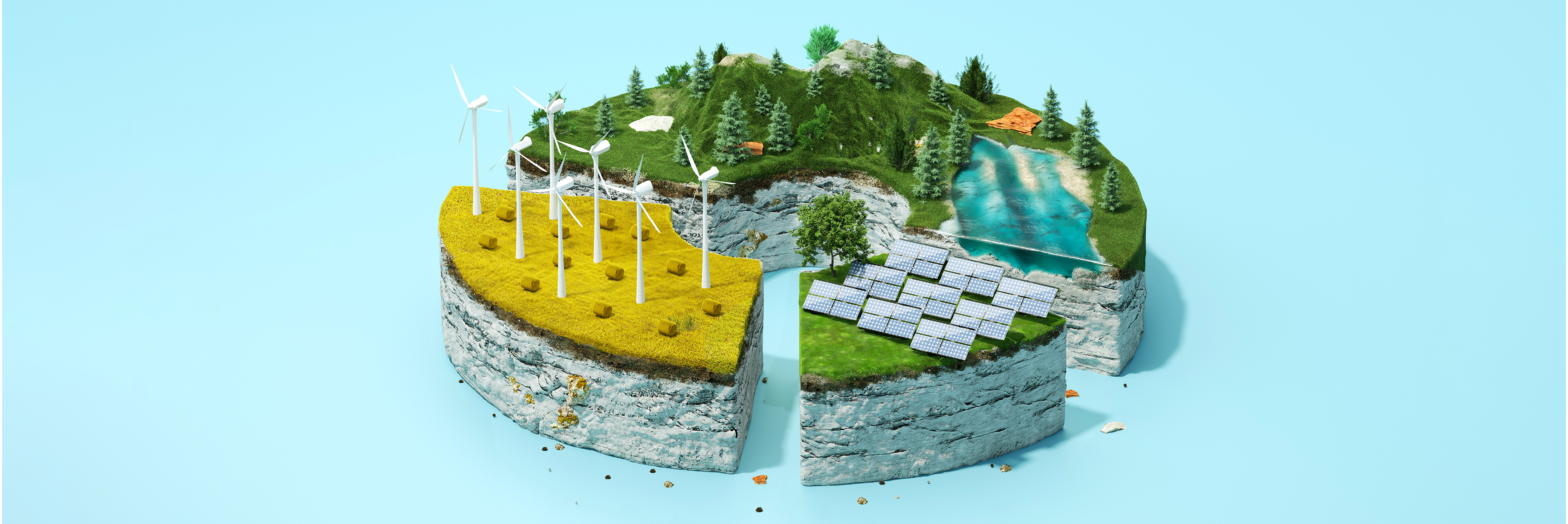 pie chart with solar panels, forest and wind turbines