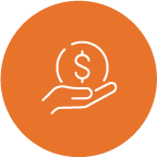 orange circle icon of hand holding a circle with a dollar sign