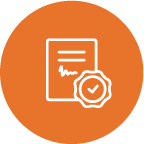 Orange circle icon with a document and a checkmark badge