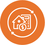 house icon with calculator in an orange circle icon